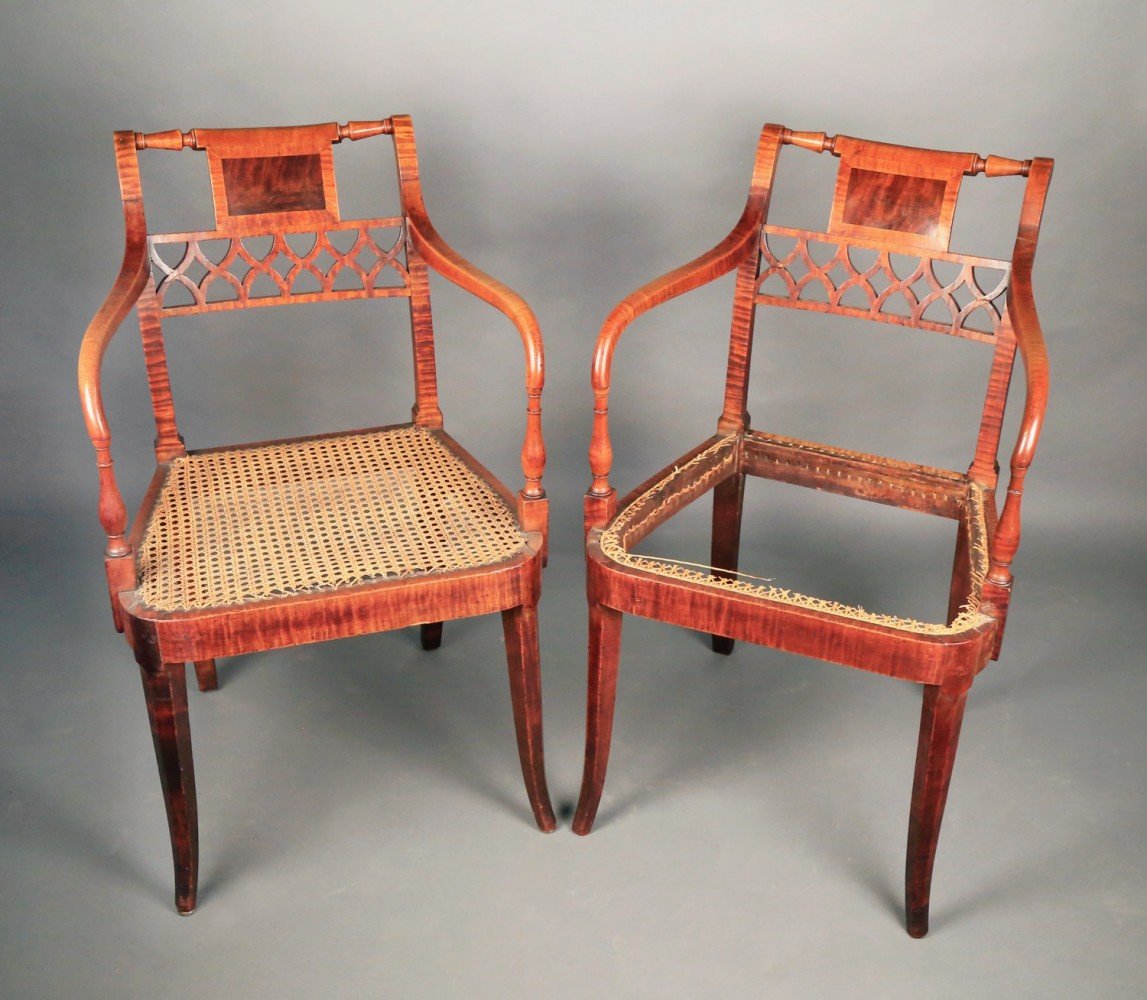 Fine Pair  of American Sheraton Tiger Maple Armchairs