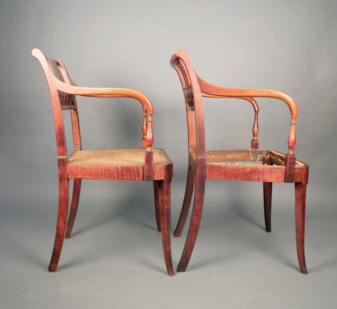 Fine Pair  of American Sheraton Tiger Maple Armchairs