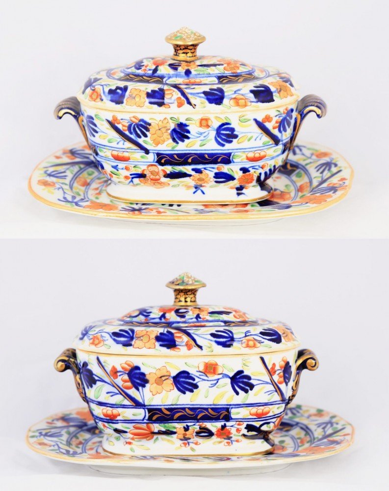 Two English Soft Paste Porcelain Imari Pattern Covered Sauce Dish and Underplate