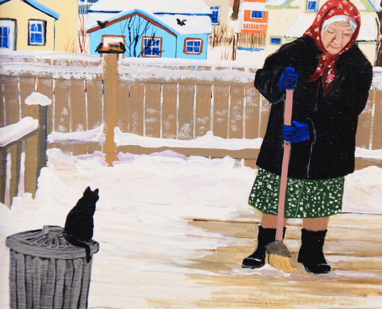 Marija Zajac (American 20thc.) - Woman In a Babushka Sweeping Snow