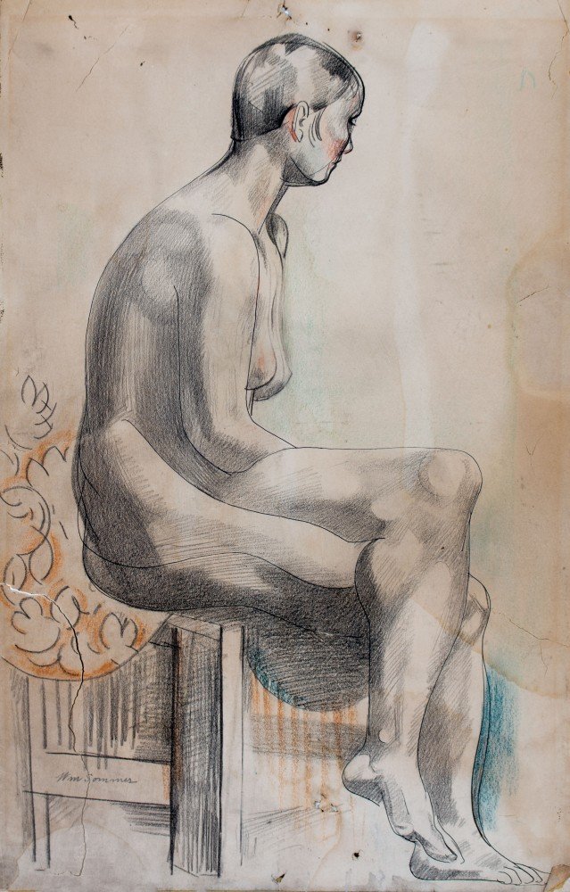 Figurative Pencil and Watercolor on Paper Drawing: 
