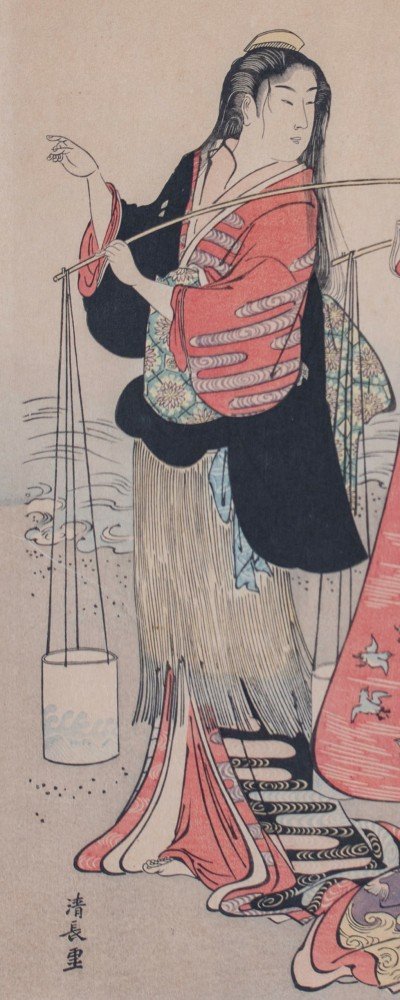 Japanese Color Woodblock, early 20th Century, Two Beauties Carrying Water