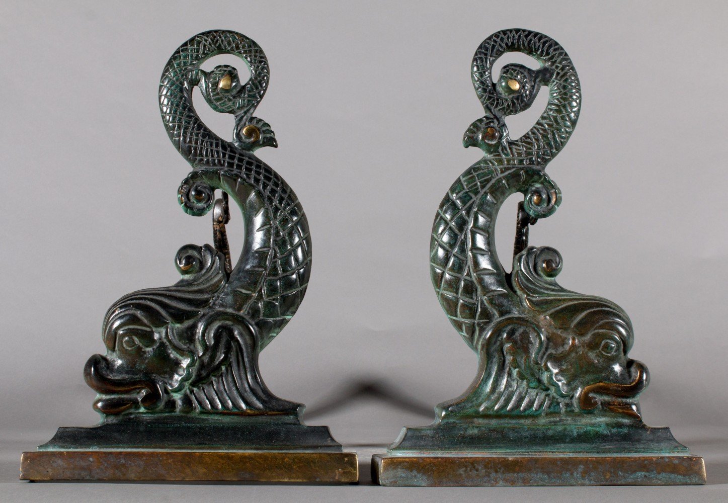 Pair of Cast Bronze Dolphins in the form of Andirons