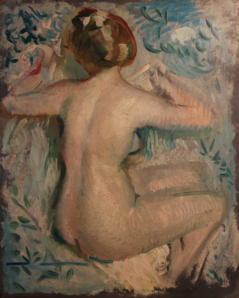 Nude Against a Flowered Cloth, Double Sided Painting by Adolphe Borie