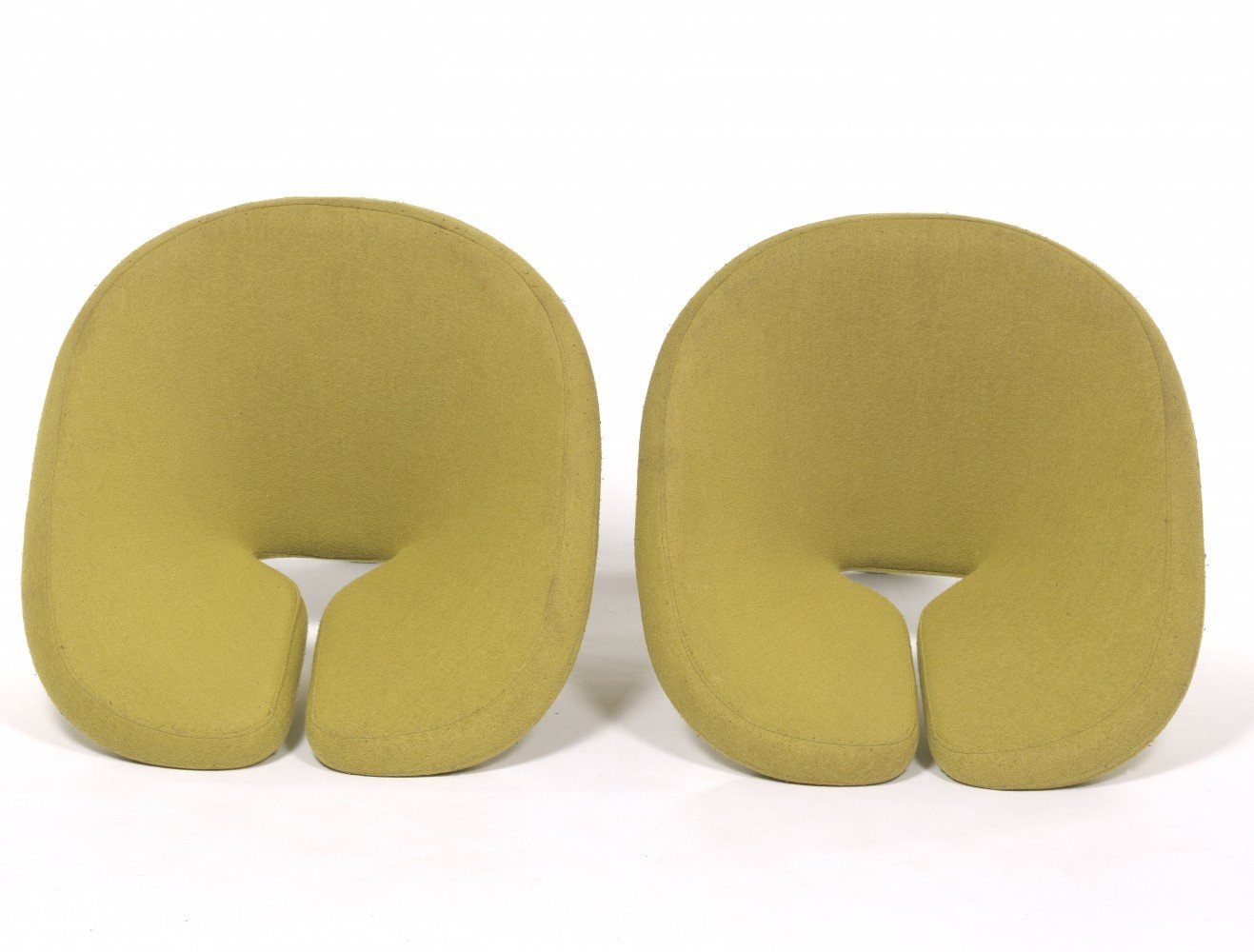 Swivel chair with foamed wooden shell, connected to the aluminum base with chrome tube, upholstered in chartreuse by French Artist Norguet 