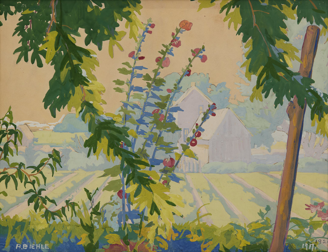 Farm Scene with Hollyhocks by August Frederick Biehle