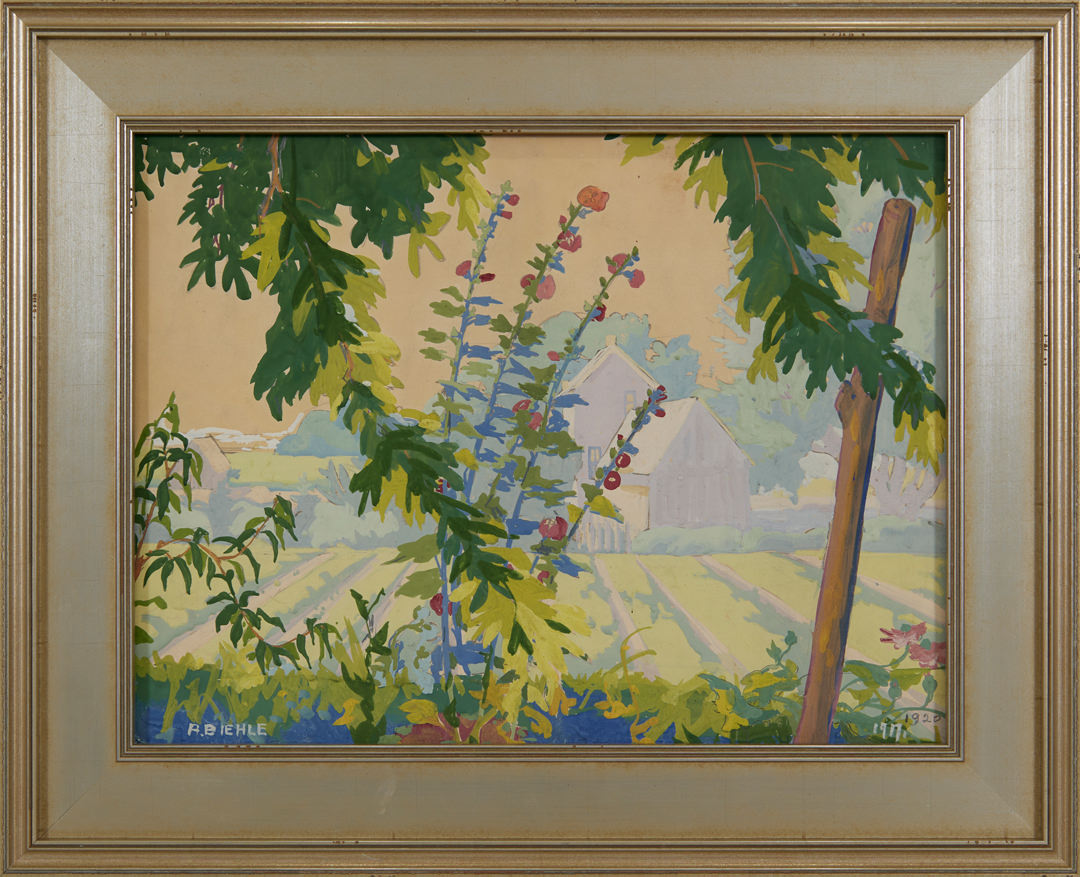 Farm Scene with Hollyhocks by August Frederick Biehle