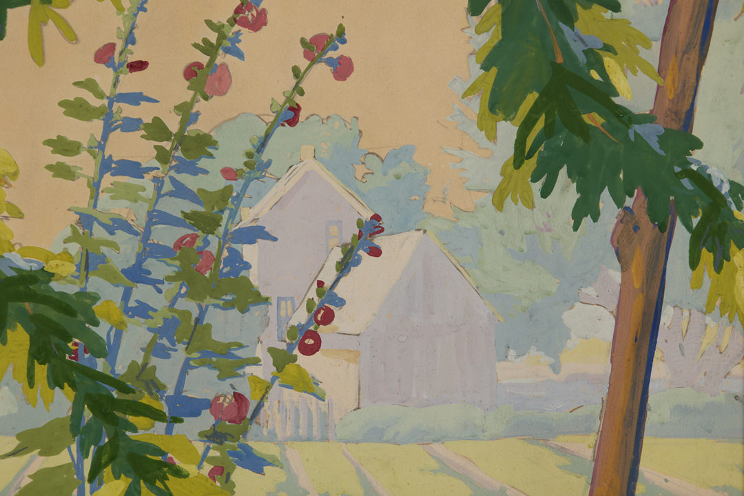 Farm Scene with Hollyhocks by August Frederick Biehle