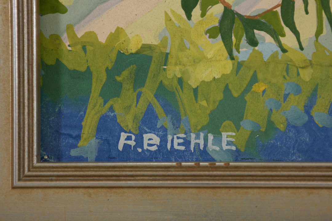 Farm Scene with Hollyhocks by August Frederick Biehle