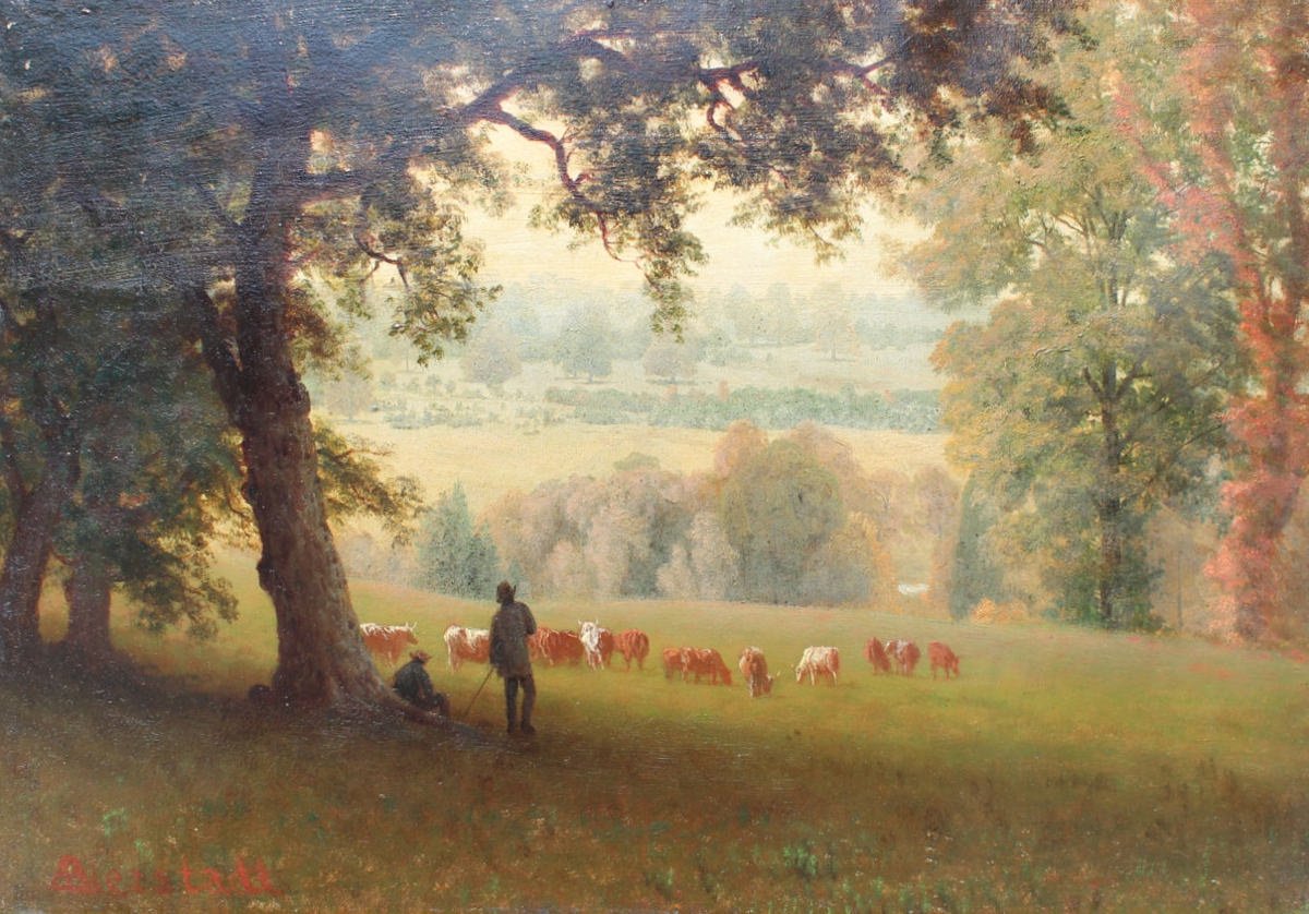 Hudson River Valley View with Cattle and Shepherds by Albert Bierstadt
