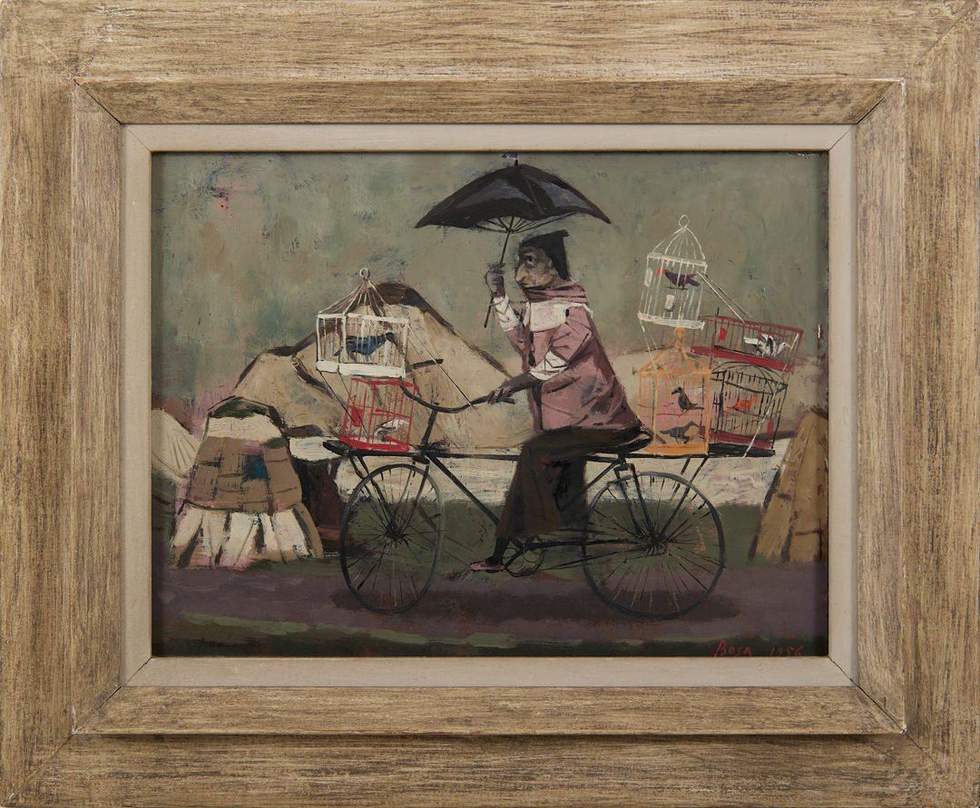 Cyclist with Birdcages and Umbrella by Louis Bosa