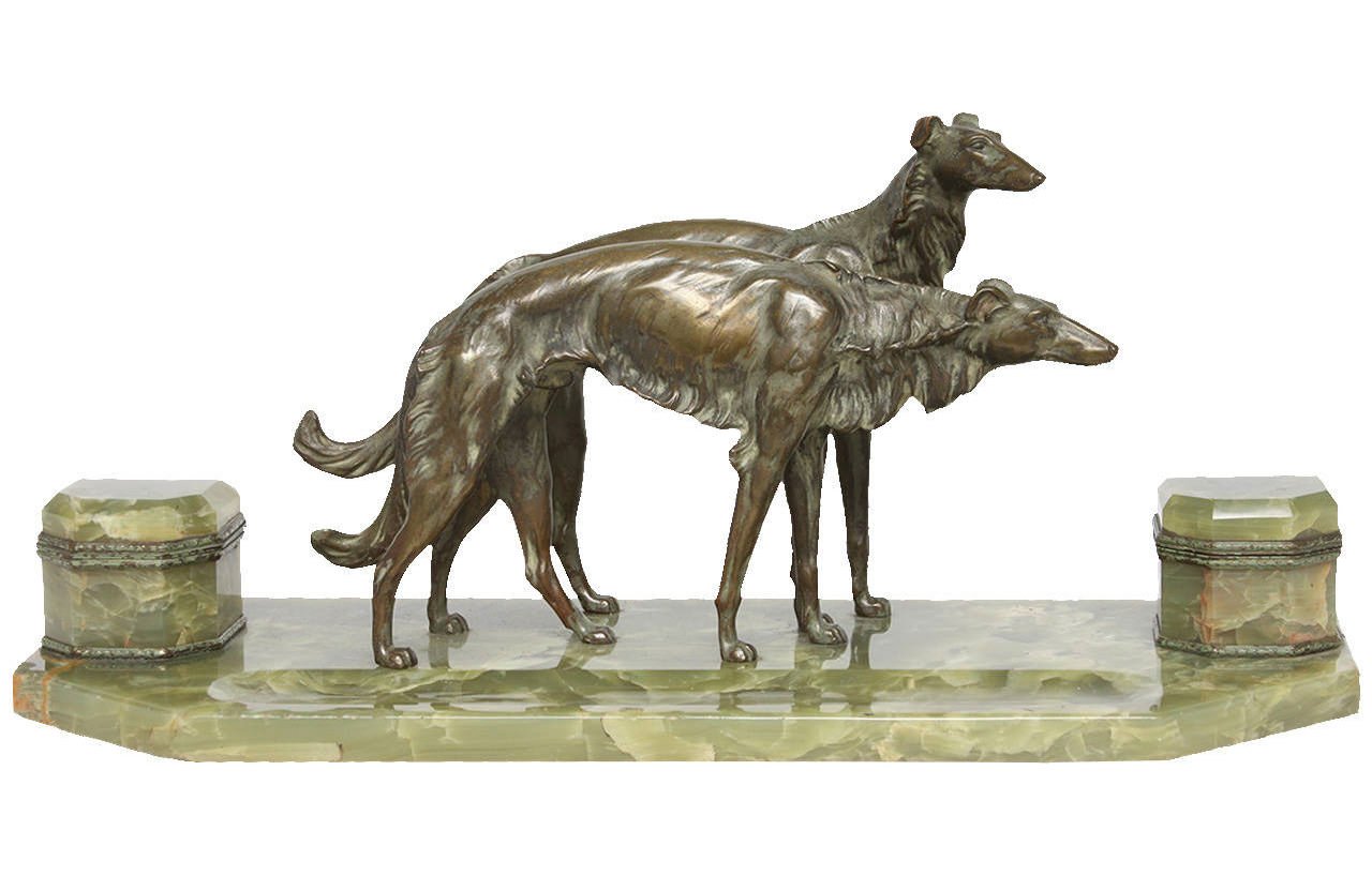 French Bronze and Onyx Inkstand with a Pair of Borzoi