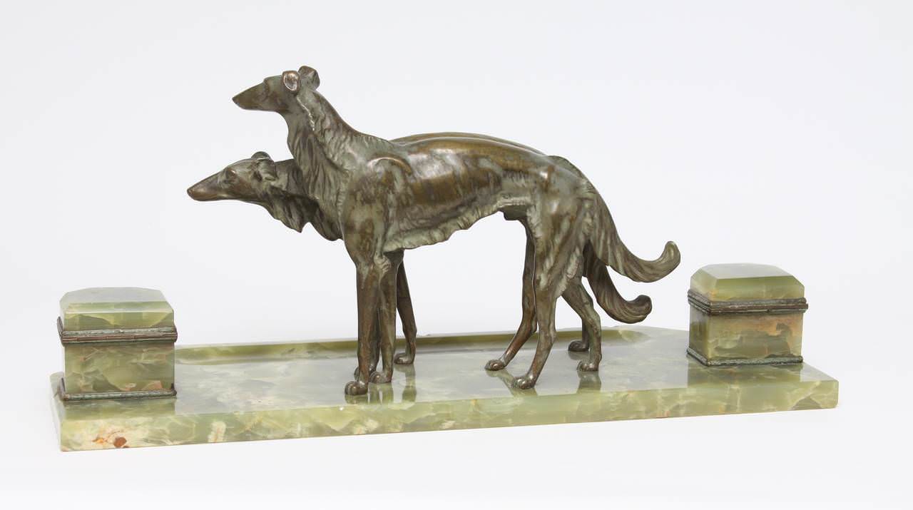 French Bronze and Onyx Inkstand with a Pair of Borzoi