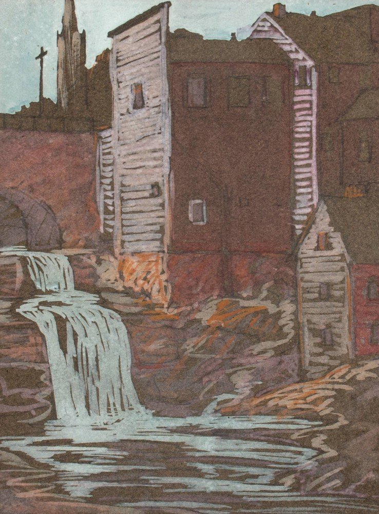 Landscape Gouache on Paper Painting: Mill with Waterfall, Chagrin Falls by American Artist Gaertner