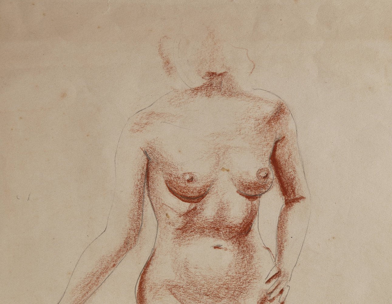 Figurative Conté Crayon and Graphite on Paper Drawing: 