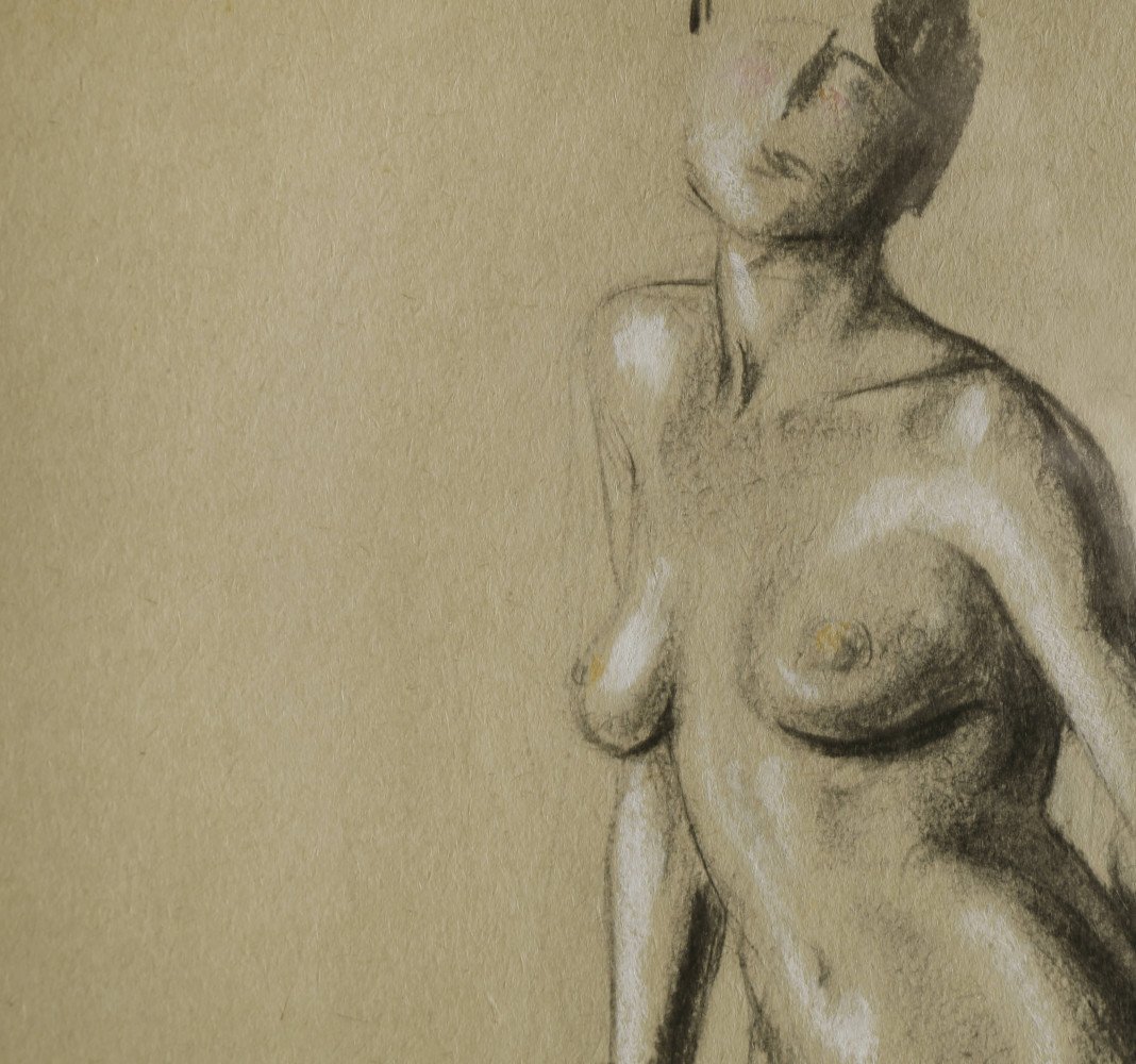 Figurative Charcoal and White Heightening on Paper Drawing: 