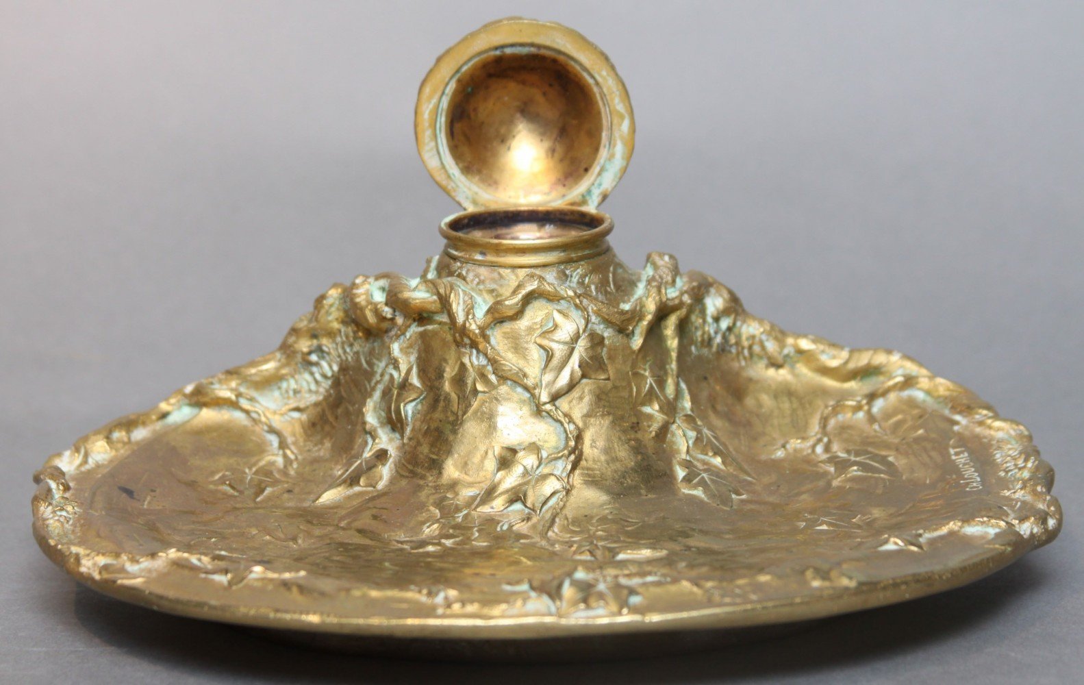 A Gilt Bronze Inkwell, Cast as an Ivy Covered Tree Stump by Charles Louchet