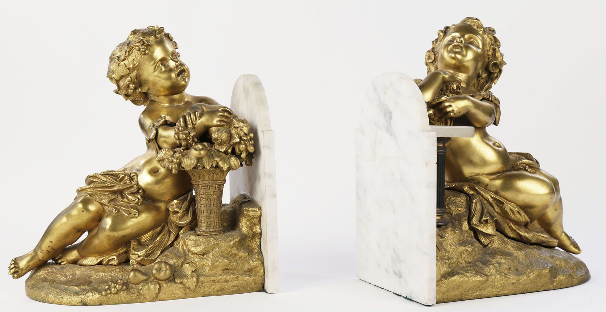 Pair Gilt Bronze and Marble Cupid Bookends