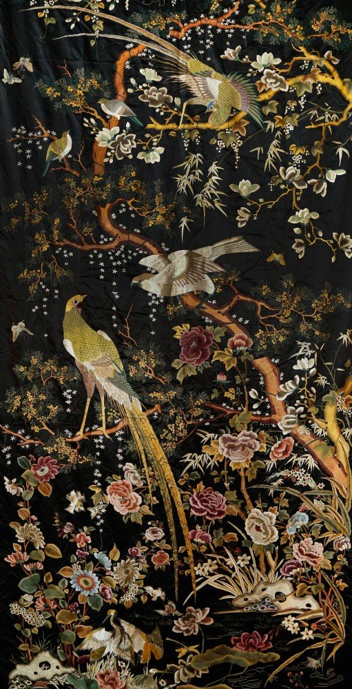 Rare Monumental 19th Century Chinese Embroidery Depicting Various Exotic Birds in a Landscape 