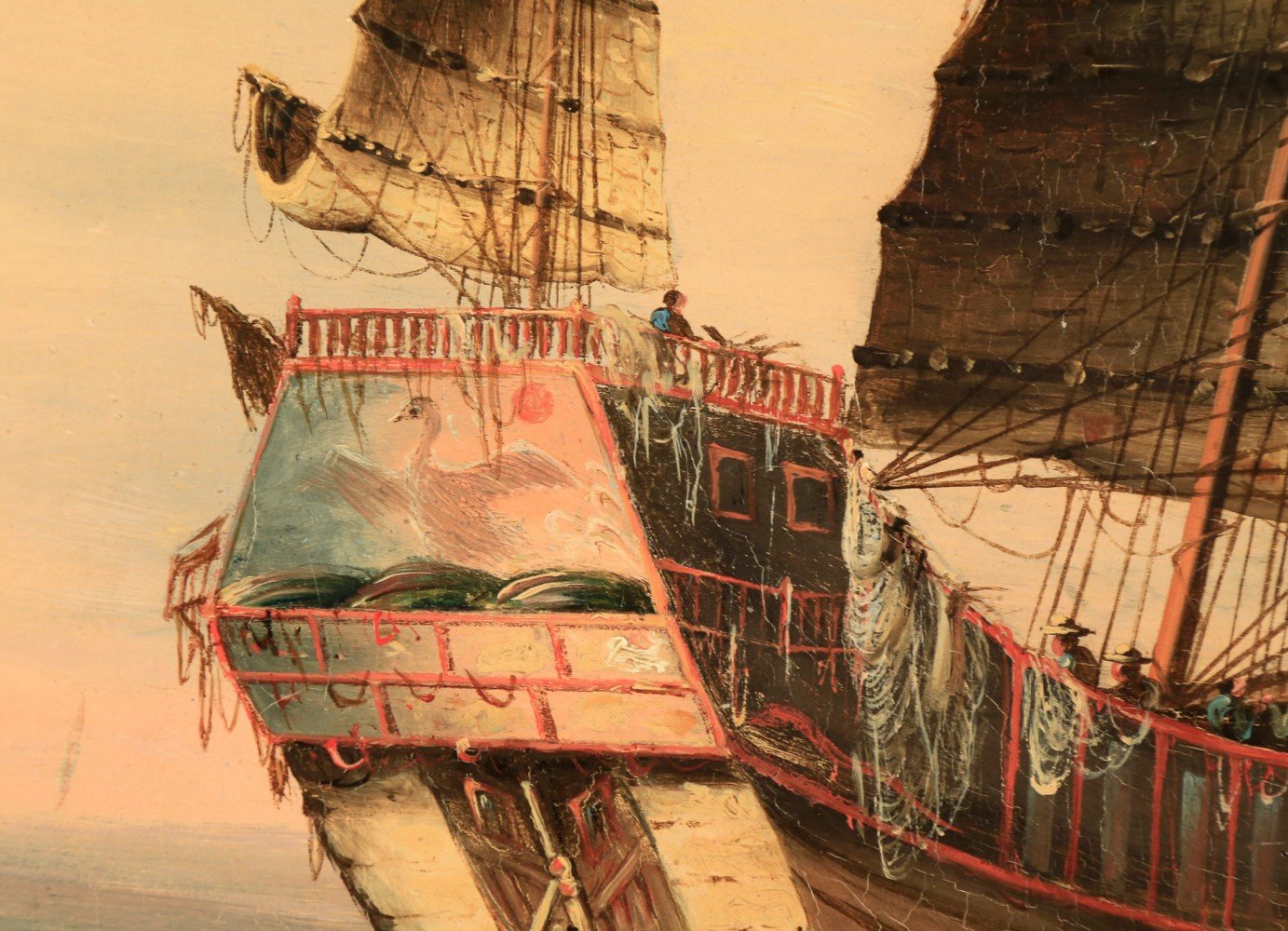 Chinese Export Painting of a Junk at Sea