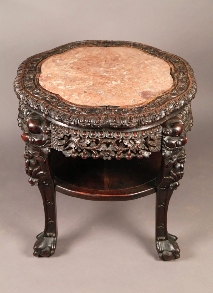 A Chinese Teak Wood and Marble Top Stand