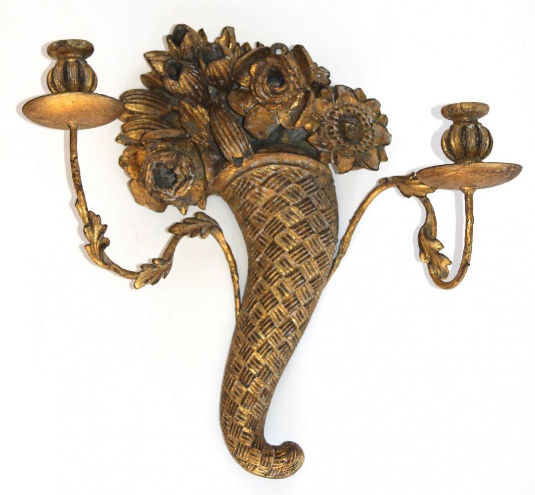 A Pair of Continental Carved and Gilded Wood Two Light Cornucopia Sconces