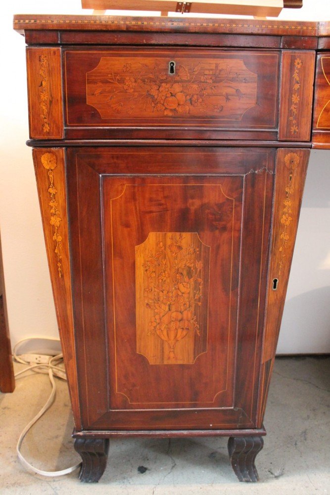 English Regency Inlaid Mahogany and Satin Wood Two Pedestal Sideboard