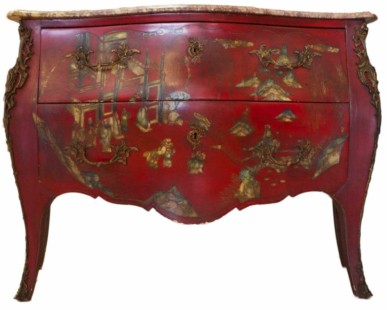 A French Pagoda Red Lacquered Bombe Commode