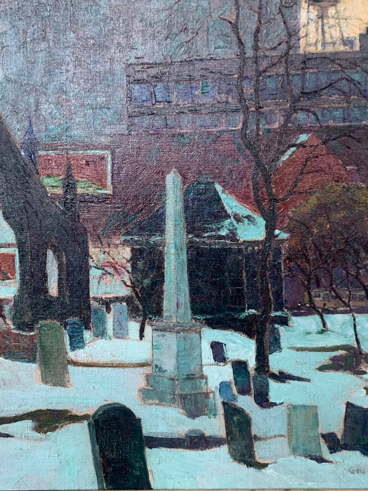 Landscape Oil on Canvas Painting: Memorials, Erie Street Cemetery, Downtown Cleveland by Adomeit 