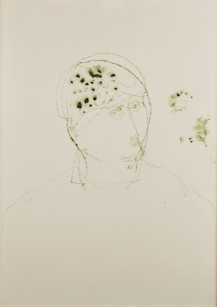 Figurative Green Ink on Paper Drawing: 