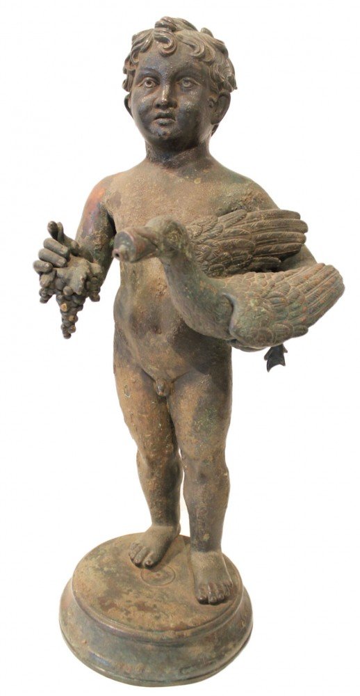 A Grand Tour Bronze of a Boy Holding a Duck and a Bunch of Grapes