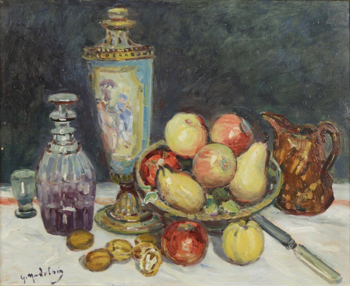 Gustave Madelain - Still Life with Fruit, Decanter, Vase and Jug by Gustave Madelain