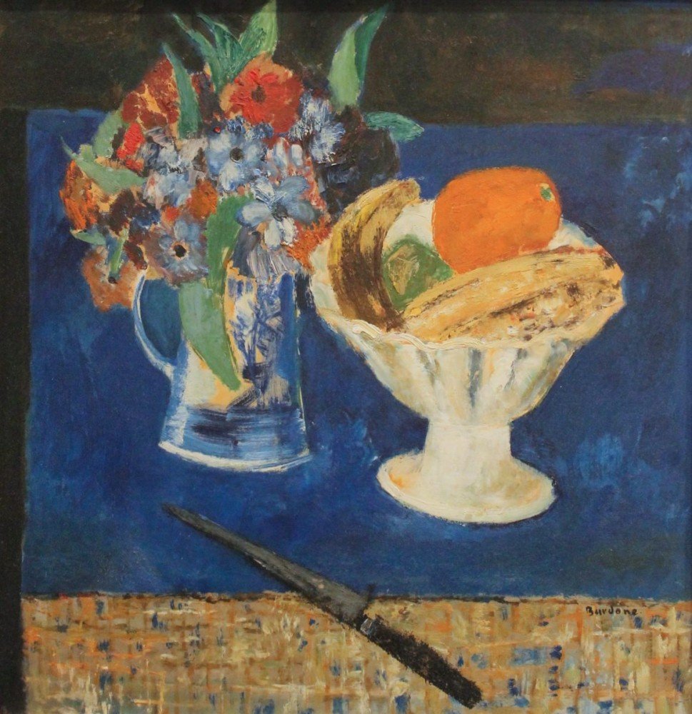 Still Life, Vase of Flowers, Bowl of Fruit, Knife by Guy Bardone