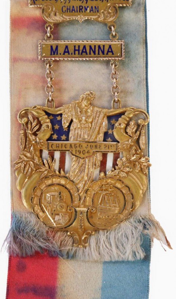 Mark Hanna’s 14k yellow gold and enamel Chairman’s badge for the Republican National Convention, Chicago, June 21-23, 1904