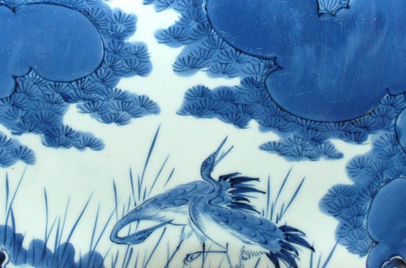 A Japanese Blue and White Glaze Dish with Crane Design