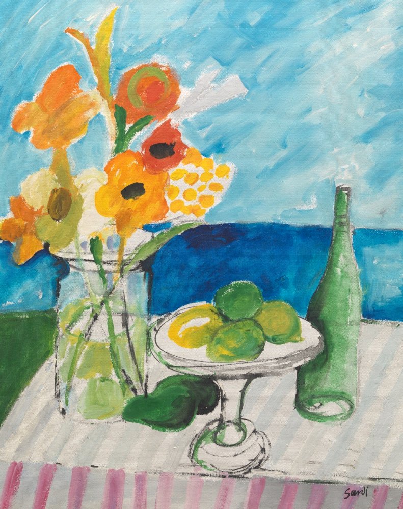 Still life with flowers, fruit, and bottle by Jean Sardi