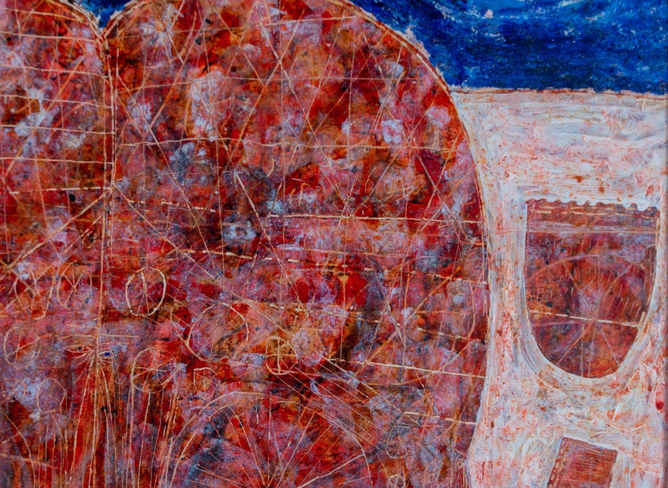 Abstract Figurative Encaustic and Sgraffito on Paper Painting: 