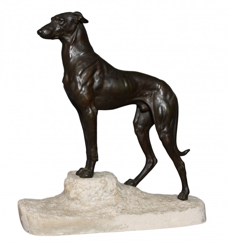 Animal Bronze with brownish green patination, on a fitted stone base Sculpture: 