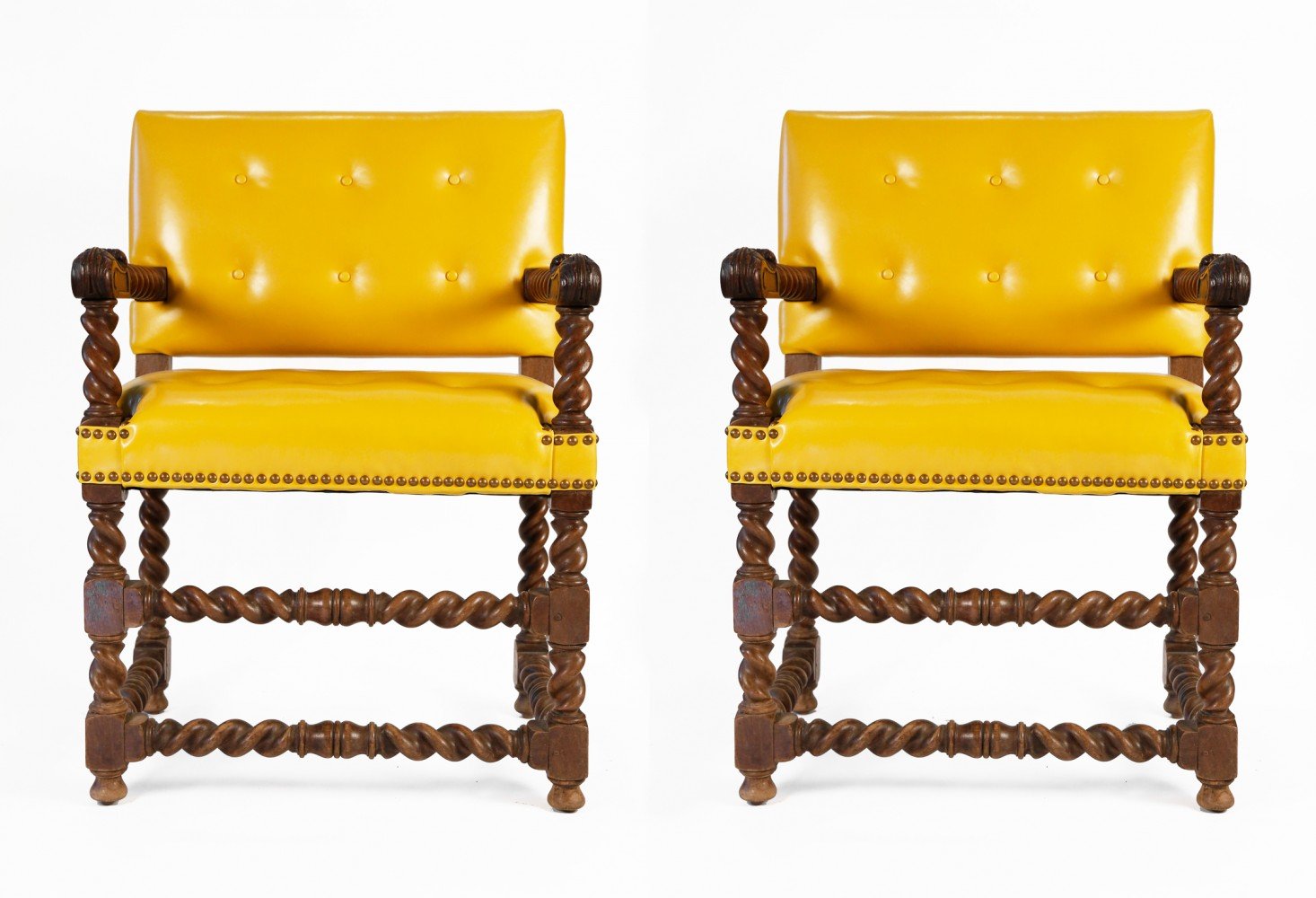 Pair of Late 17thc. English Open Armchairs with Canary Yellow Leather Upholstery by 17th Century British School