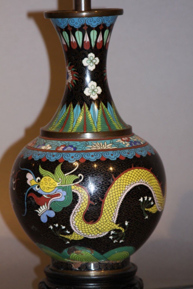 A Pair of Chinese Cloisonne Vases, Fitted as Table Lamps