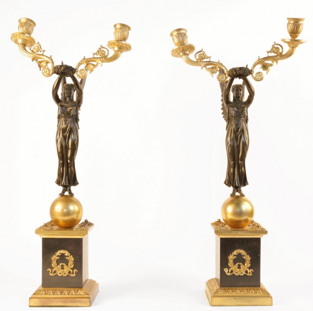 Pair Early19th Century Empire Bronze and Gilt Candelabra by 19th Century French School