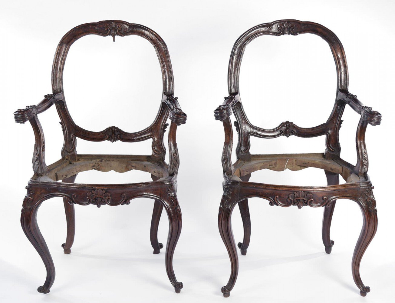 Pair Italian Walnut Armchairs, Rococo, 18thc.