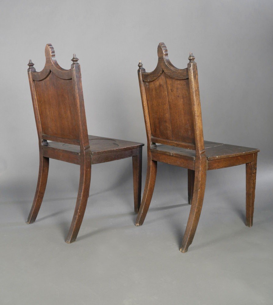 Pair Gothic Style English Oak Hall Chairs  by 19th Century British School