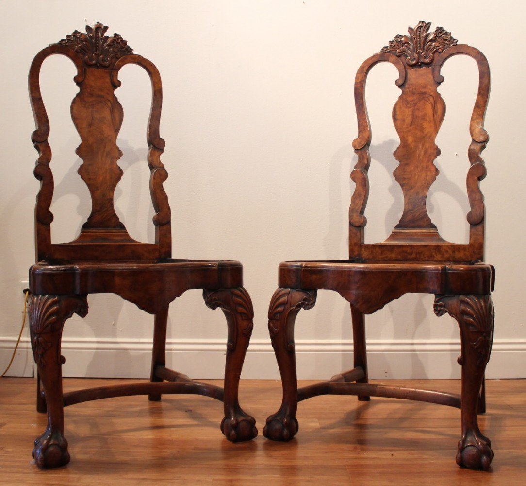 Portuguese Burl Walnut Colonial Rococo Style Side Chairs