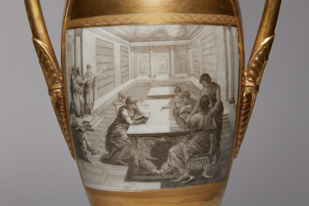 Pair of French Porcelain de Paris Gold Urns with Scenes of Roman History