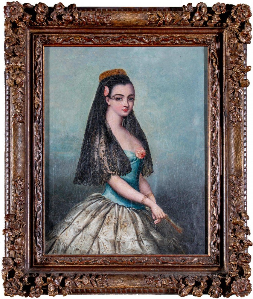 Provencal Portrait of Woman with Rose and Veil, 19th Century Spanish School
