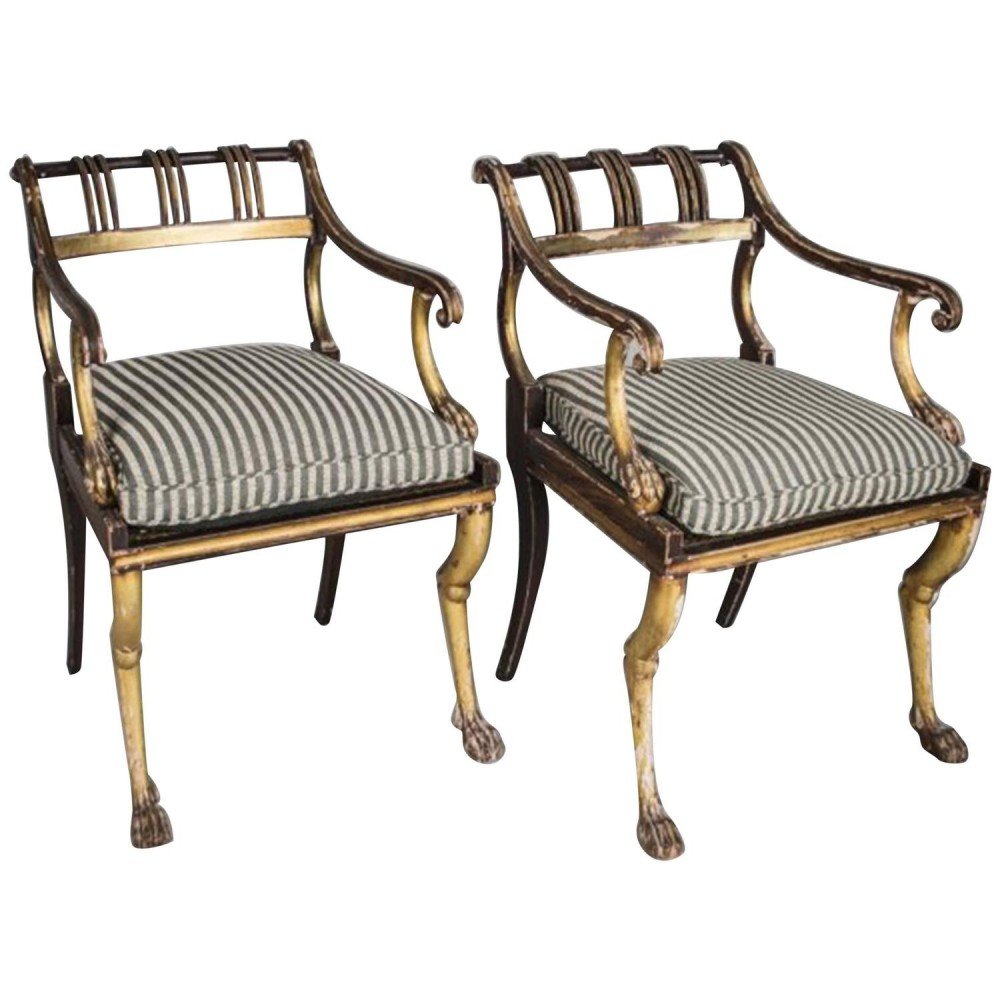 Pair of Regency Style Gilded and Painted Armchairs