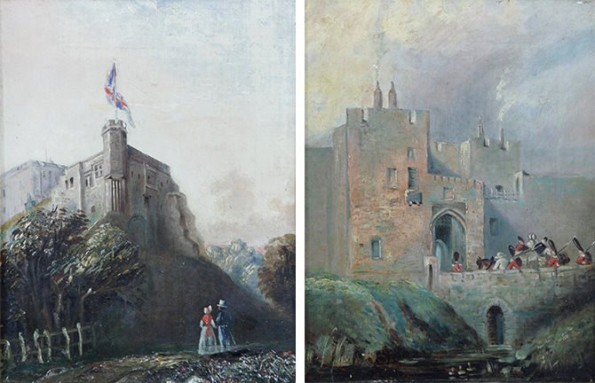 Carlyle Castle, Castle Gate and St Mary's Tower, a pair of paintings by Samuel Bough