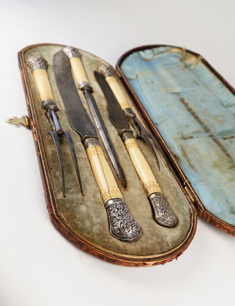 Late 19th Century Silver and Bone Carving Set 