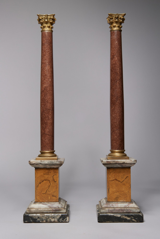 Pair of Porphyry Marble Columns with Gilt Bronze Capitals